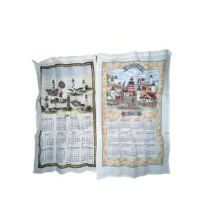 2-Vintage Kay Dee Designs 2003+2004 Linen Calendar Towel Maine Lighthouse Beach